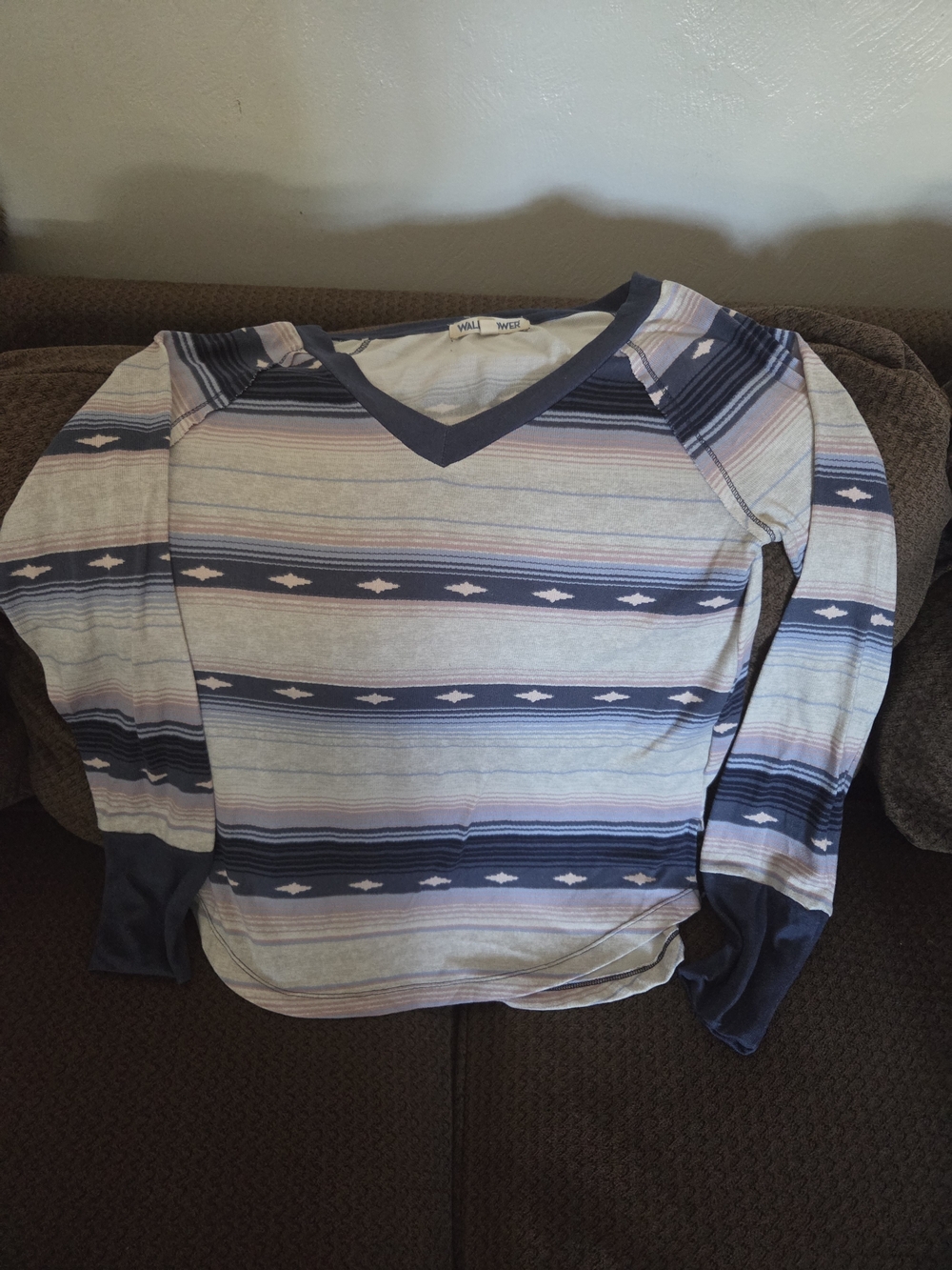 Wallflower Striped Long Sleeve V-Neck Top in Navy, Light Blue, and Pink
